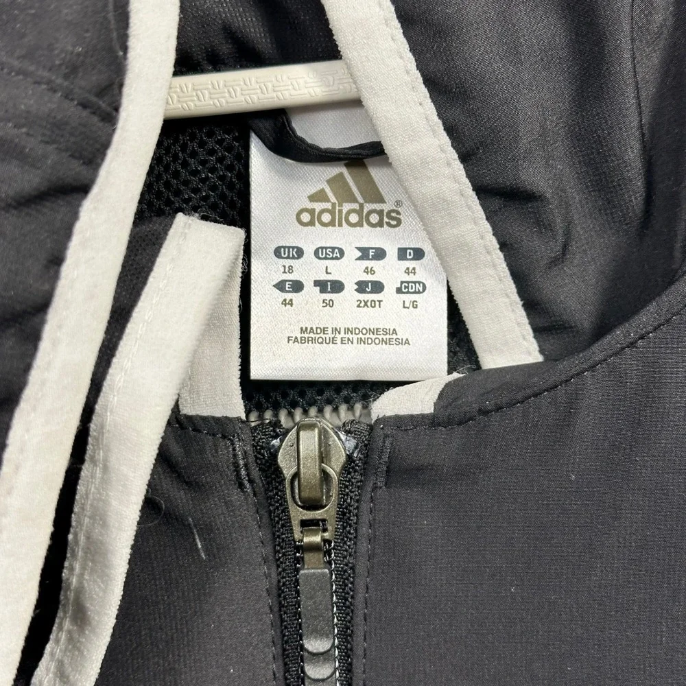 Adidas Track Jacket Mens Large Black White 3-Stripe Hooded Full Zip Excellent - Picture 3 of 7
